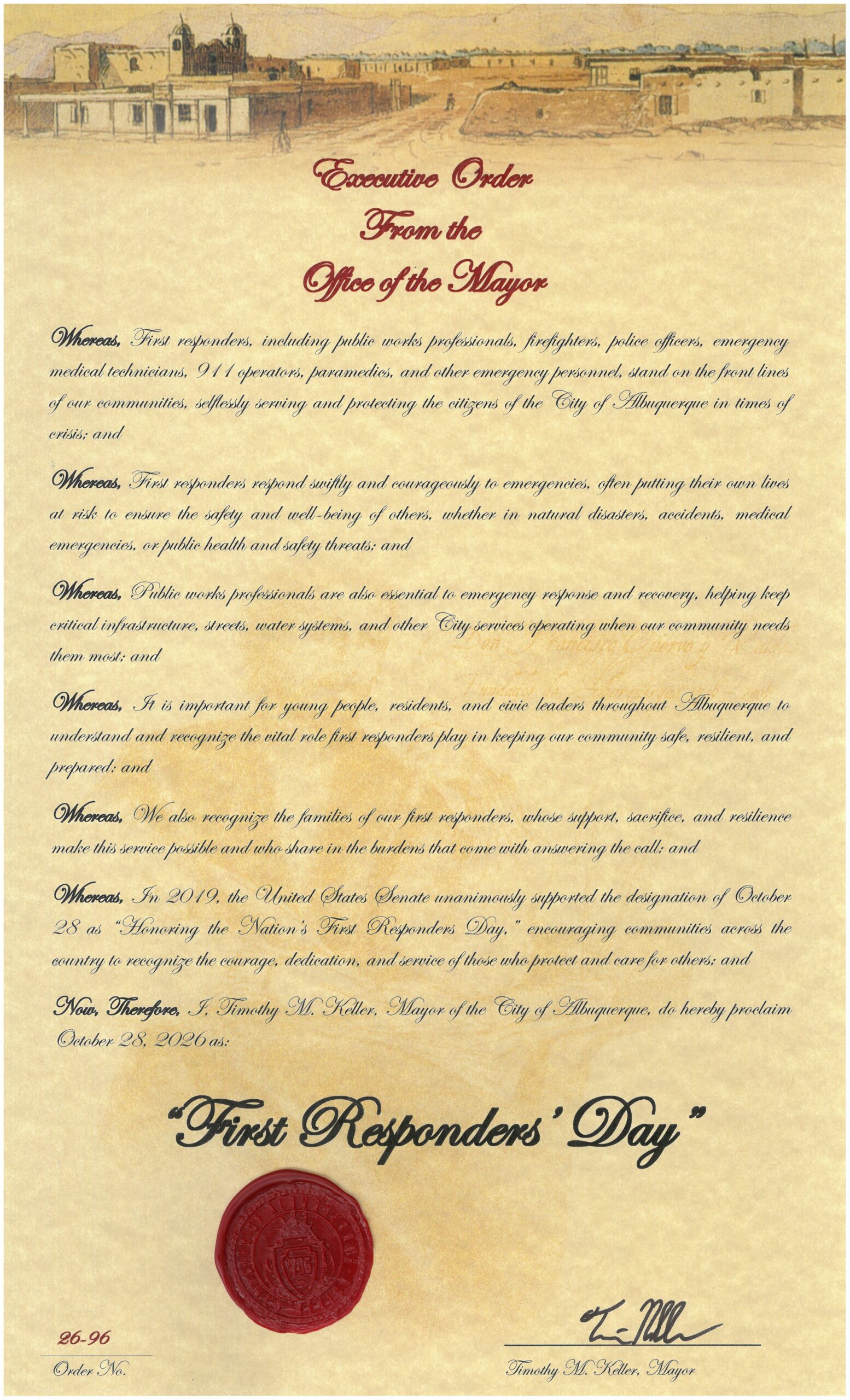 An official proclamation from the City of Albuquerque bearing the wax seal of the Mayor.